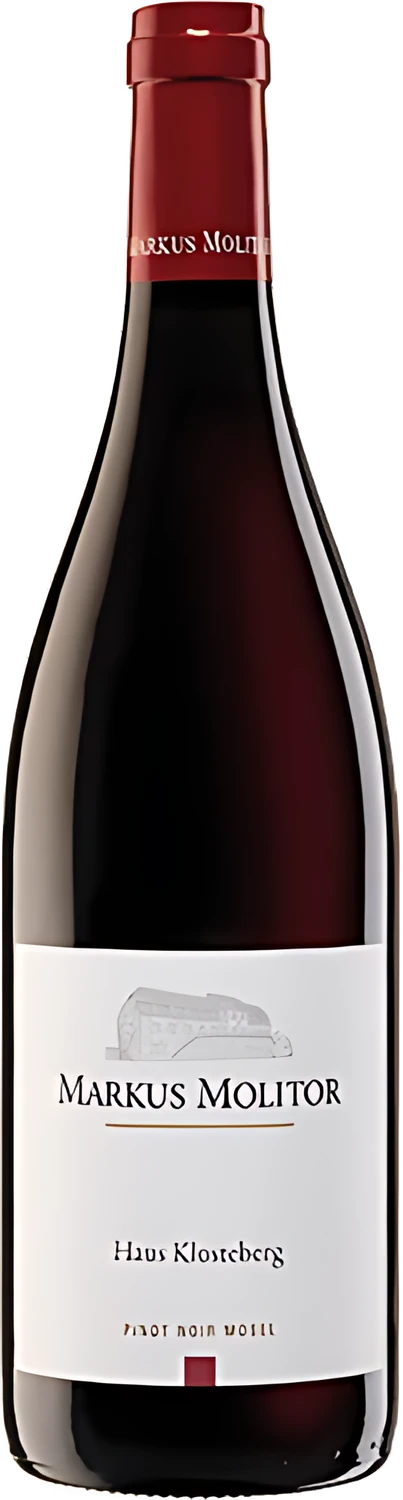 Weingut Markus Molitor Haus Klosterberg Pinot Noir, dunkle Rotweinflasche mit weißem Etikett