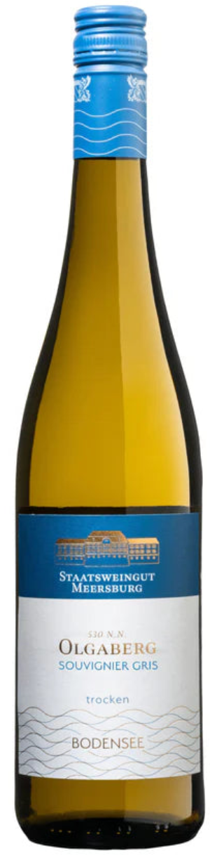 Flasche Hohentwieler Olgaberg Souvignier Gris vom Staatsweingut Meersburg, heller Weißwein in goldgelber Farbe