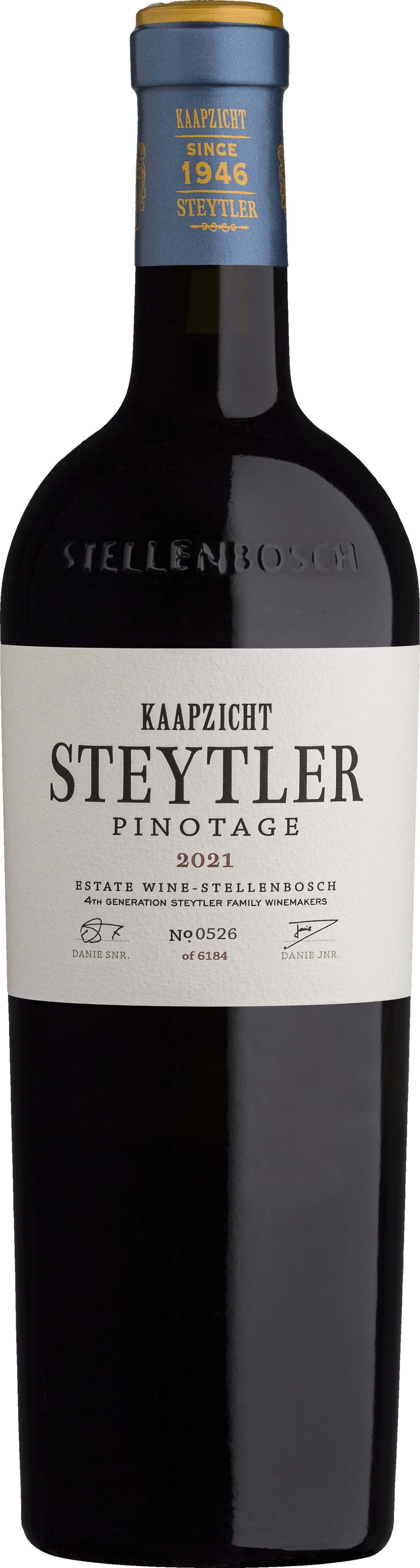 Weinflasche Kaapzicht Estate Steytler Pinotage, Rotwein aus Südafrika, mit Etikett des Herstellers