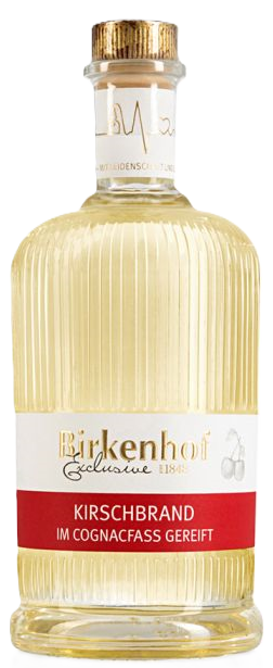 Birkenhof Brennerei Kirschbrand im Cognacfass gereift, Flasche mit dunklem Destillat