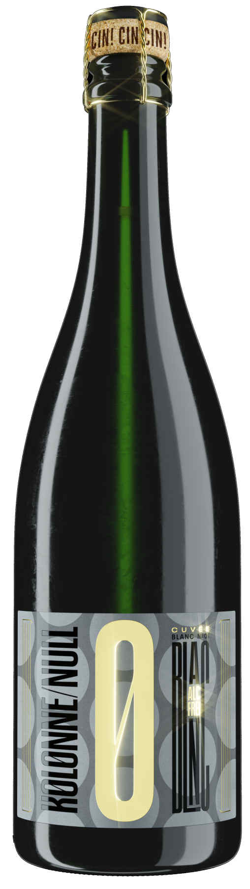 Kolonne Null Cuvée Blanc No.01 prickelnd: hellgelbe Flasche, alkoholfreier Schaumwein auf weißem Hintergrund