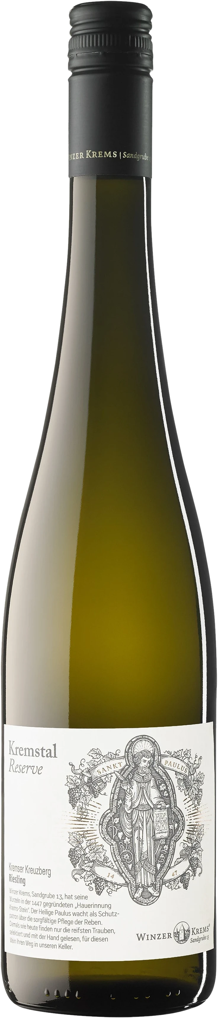 Winzer Krems eG Kremser Kreuzberg Riesling DAC Reserve, weiße Weinflasche mit Etikett