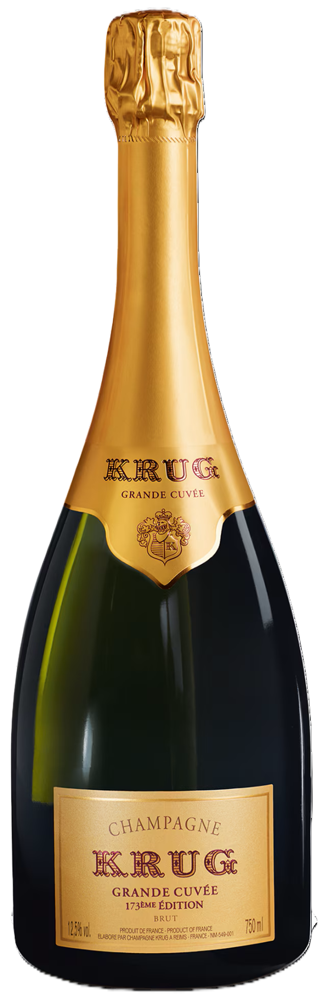 Krug Grande Cuvée: hellgoldener Champagner in Flasche mit cremefarbenem Etikett und schwarzer Kapsel.