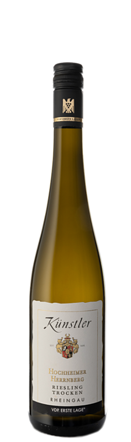 Weingut Künstler Herrnberg Riesling Erste Lage trocken, strohgelbe Weißweinflasche mit Etikett