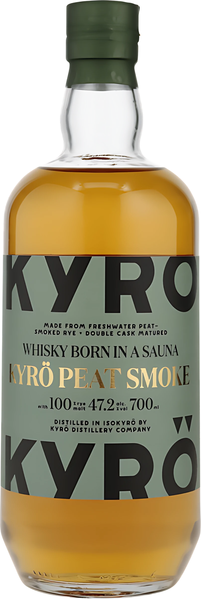 Bottle of Kyrö Malt Peat Smoke Whisky from Kyrö Distillery with a characteristic design
