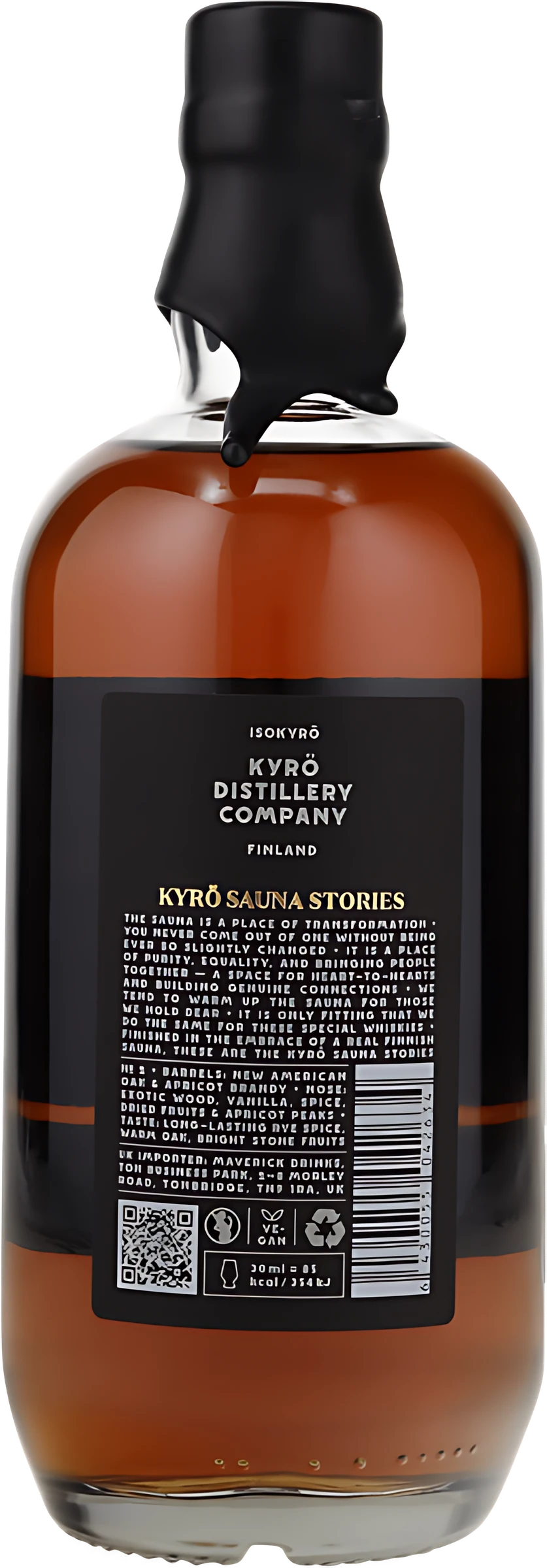 Kyrö Distillery Sauna Stories No. 2 Whisky, Flasche mit dunklem Etikett und finnischem Design