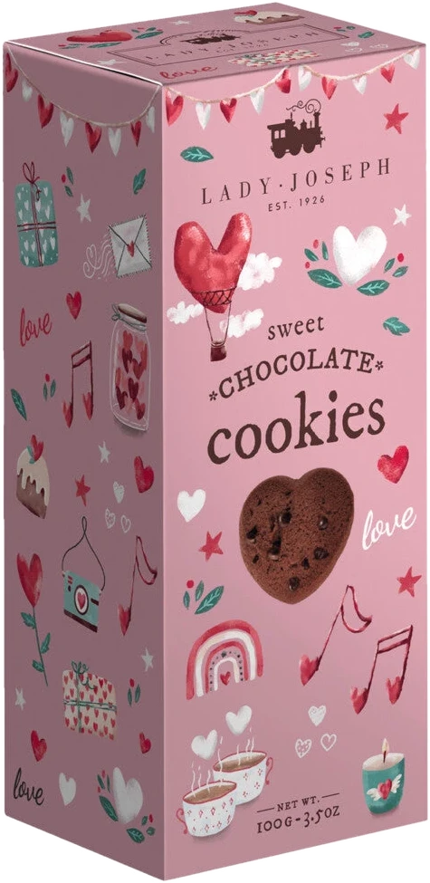 Lady Joseph Sweet Love Cookies – herzförmige Schokoladenkekse mit Kakao-Nibs in einer Packung.