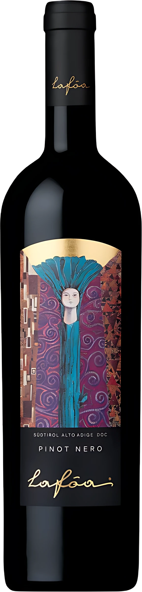 Weinflasche Lafóa Blauburgunder Riserva von Kellerei Schreckbichl, Rotwein mit dunklem Etikett