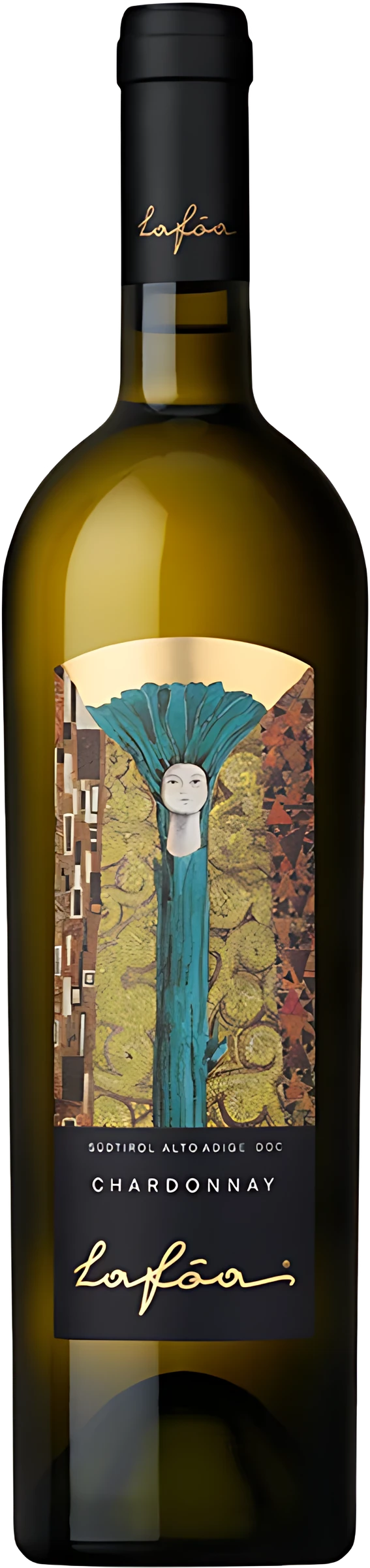 Weinflasche Lafóa Chardonnay von Kellerei Schreckbichl, Weißwein mit hellgelbem Etikett