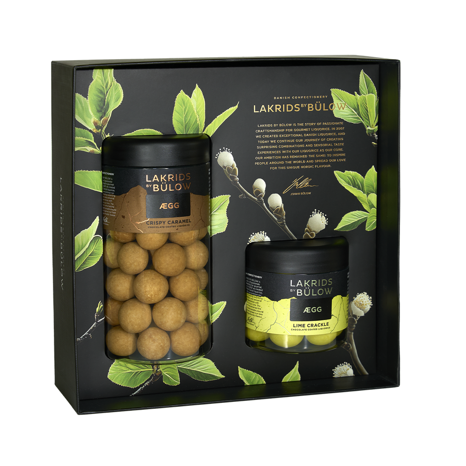 Lakrids by Bülow BLACK BOX SPRING – black gift box with caramel licorice and lime crackle filling
