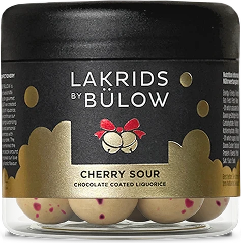 Lakrids by Bülow Cherry Sour, liquorice confectionery in a black tin with red cherry decoration