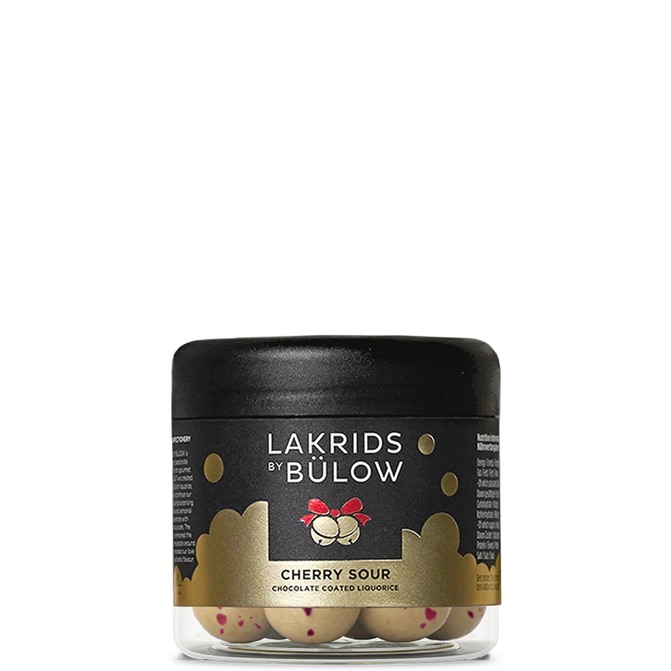 Lakrids by Bülow Cherry Sour, liquorice confectionery in a black tin with red cherry decoration