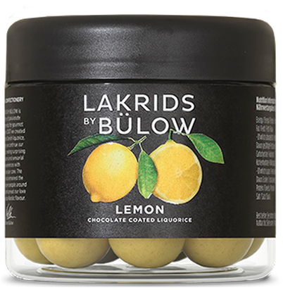 Lakrids by Bülow Lemon – Lakritzkugeln in Zitronenschokolade in einer runden schwarzen Dose