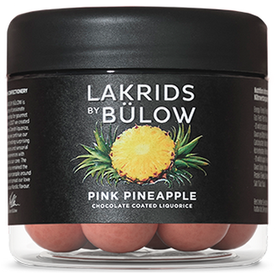 Lakrids by Bülow Pink Pineapple: Lakritzkugeln in rosa Schokolade mit Ananasgeschmack in weißer Dose