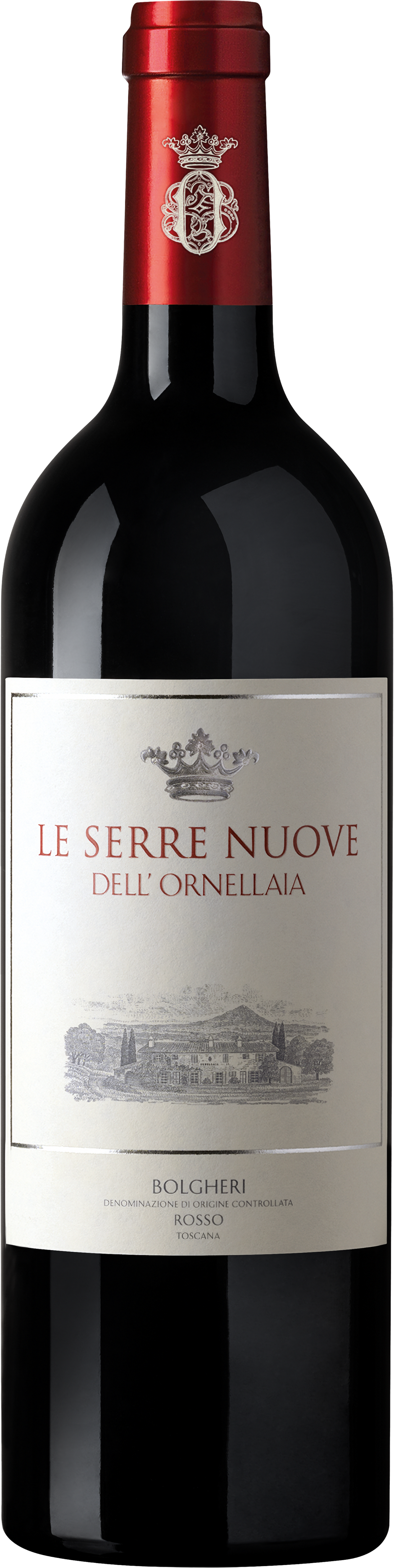 Dunkle Rotweinflasche von Tenuta dell'Ornellaia, Le Serre Nuove dell'Ornellaia, Bolgheri DOC, mit klassischem Etikett