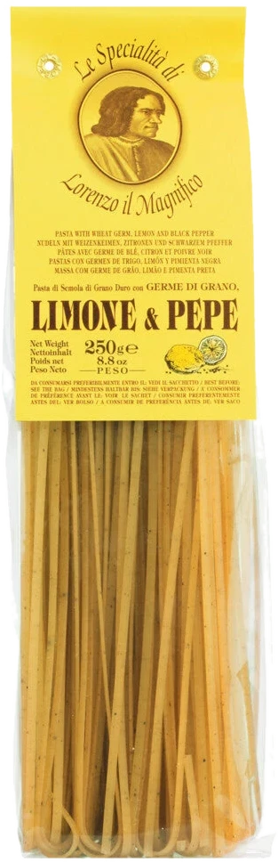 Linguine Limone e Pepe aus der Toskana mit Zitrone und Pfeffer, trockene Pasta in Packung, handwerklich hergestellt