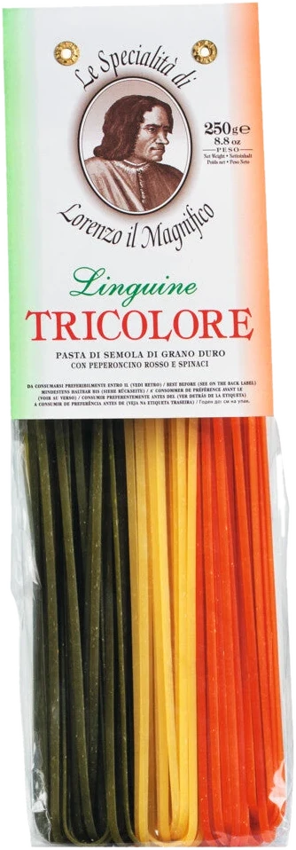 Linguine Tricolore – dreifarbige Pasta mit Spinat und Peperoncino aus Italien, in Gelb, Grün und Rot.