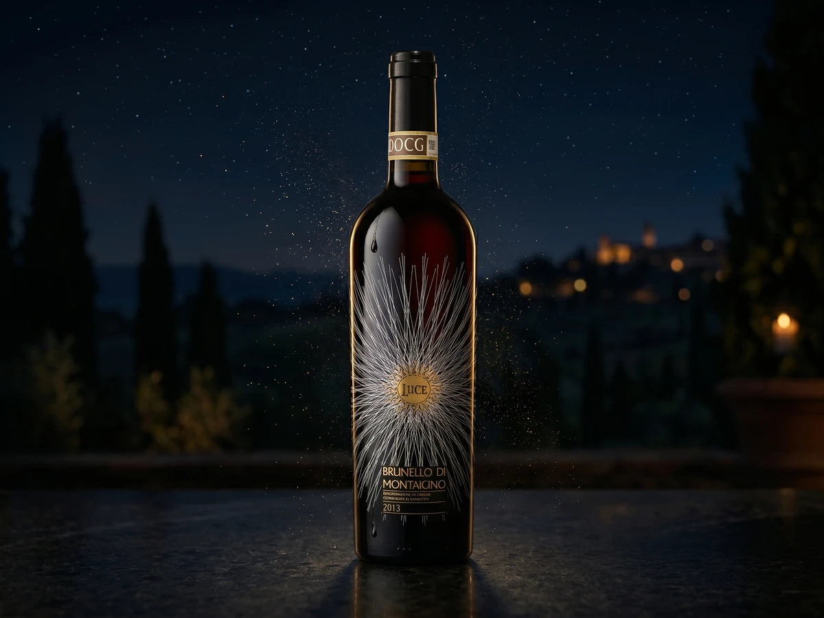 Luce della Vite Brunello di Montalcino, dunkle Rotweinflasche mit Etikett, 100 Punkte James Suckling 2015