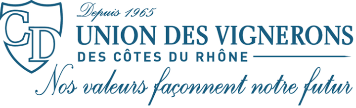 Logo der Union des Vignerons des Côtes du Rhône: blaues Wappen mit CD-Monogramm und Schriftzug.