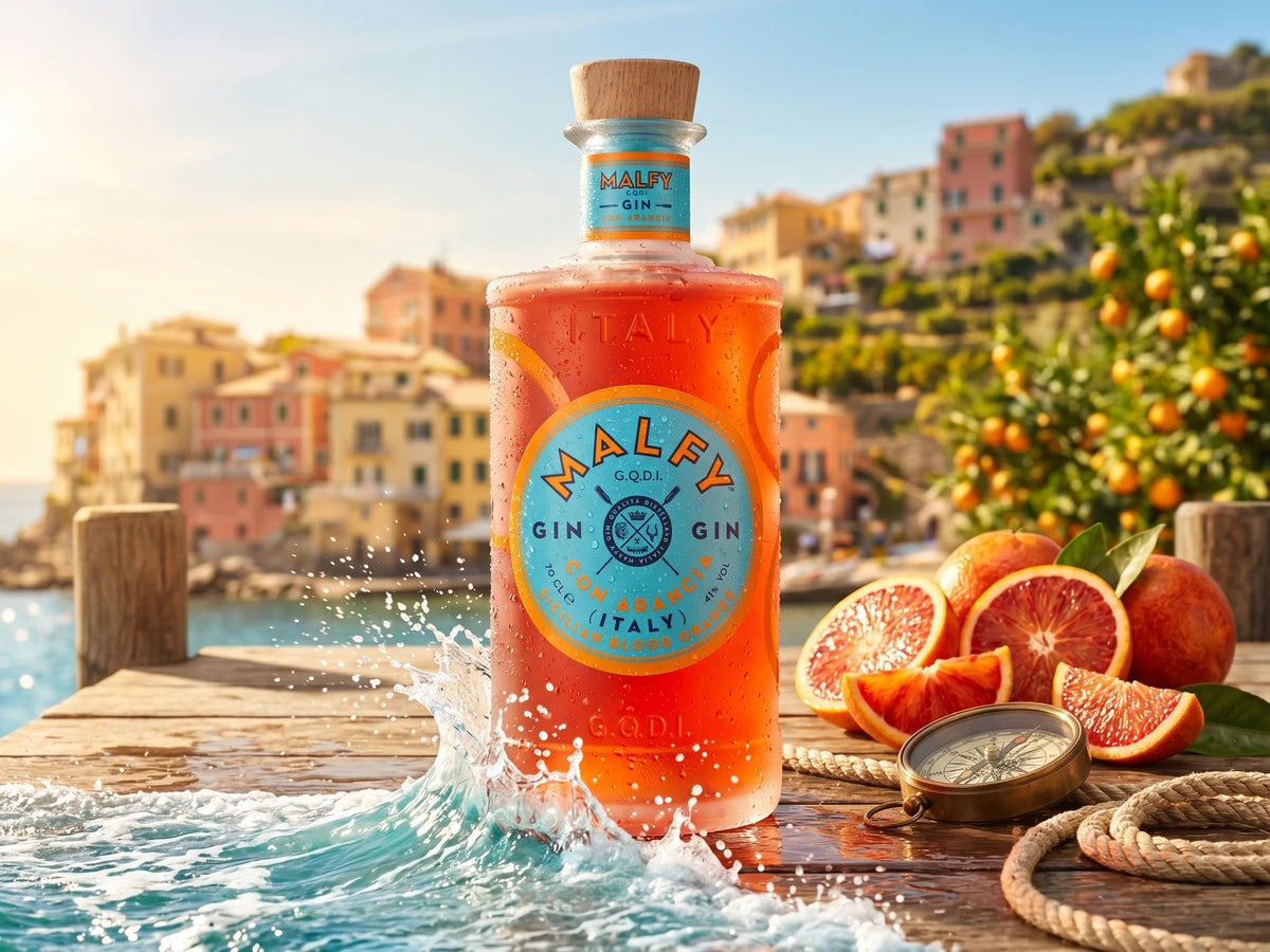 Malfy Gin con Arancia von Pernod Ricard, rubinrote Flasche mit Blutorange-Etikett