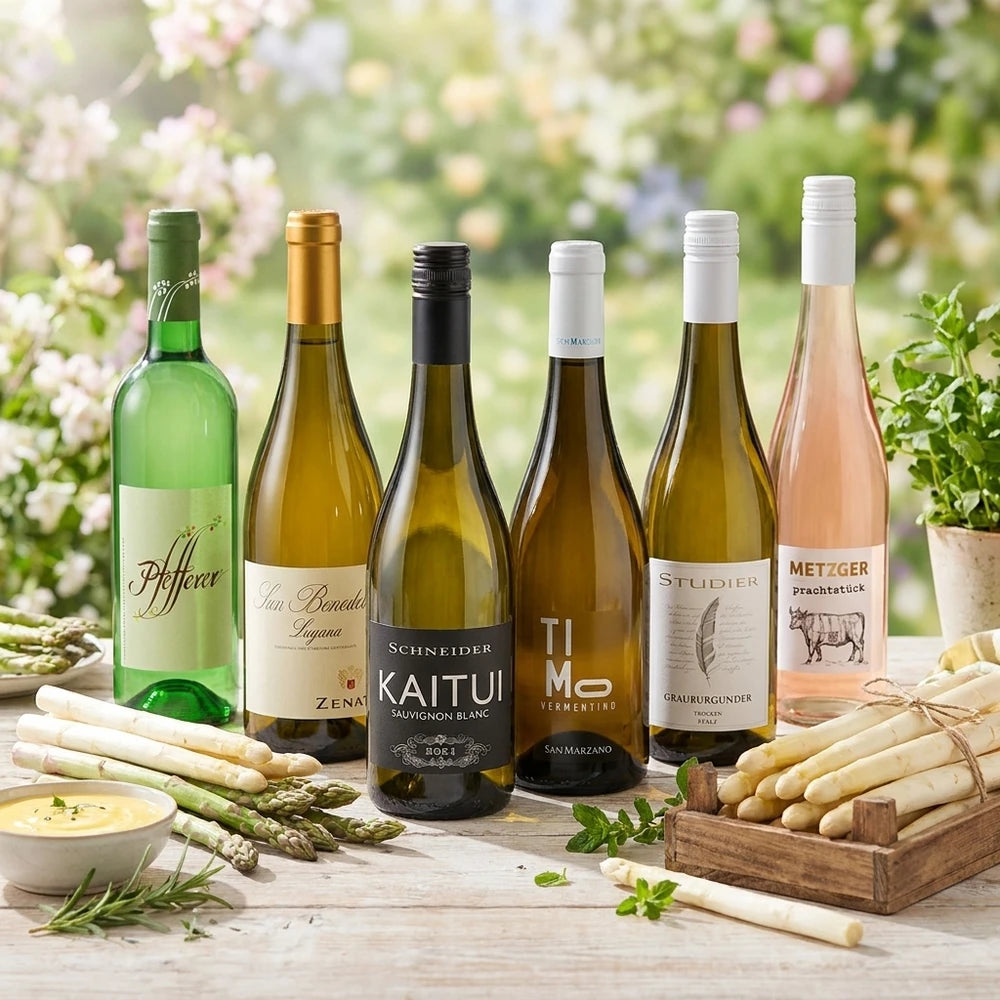 Weißweine für Spargelgerichte: Goldmuskateller, Lugana, Vermentino, Grauburgunder und Blanc de Noir .