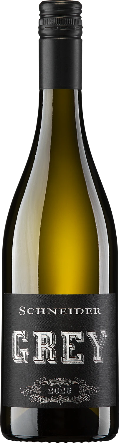 Flasche Markus Schneider Grey, Weißwein aus der Pfalz, helles Etikett mit Schriftzug des Weinguts