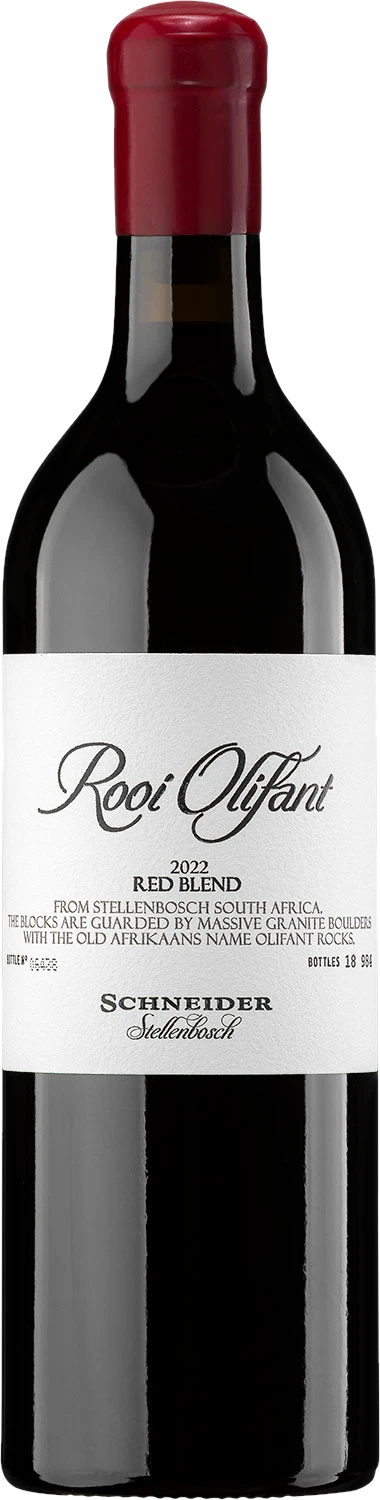 Markus Schneider Rooi Olifant – Rotwein aus Südafrika in dunkler Flasche mit Elefanten-Etikett.