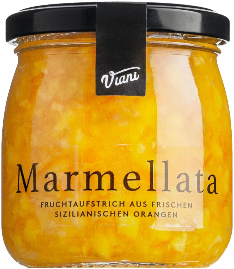 Viani Marmellata Orange – Glas mit sizilianischer Orangenmarmelade mit Fruchtstücken, 55 g Frucht pro 100 g