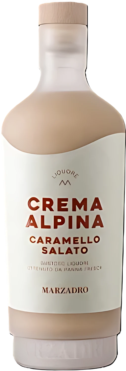 Marzadro Crema Alpina Salted Caramel Likör, Flasche mit cremig-goldenem Etikett