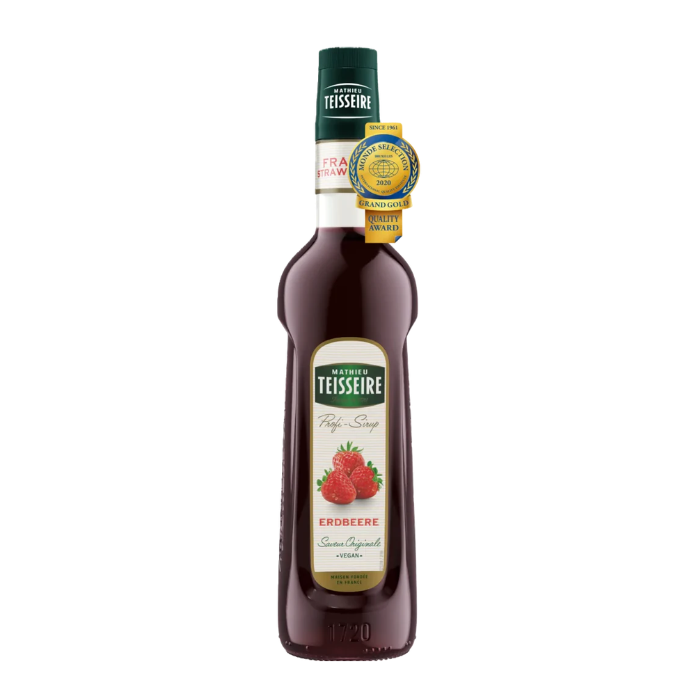 Mathieu Teisseire strawberry syrup in a glass bottle with red label