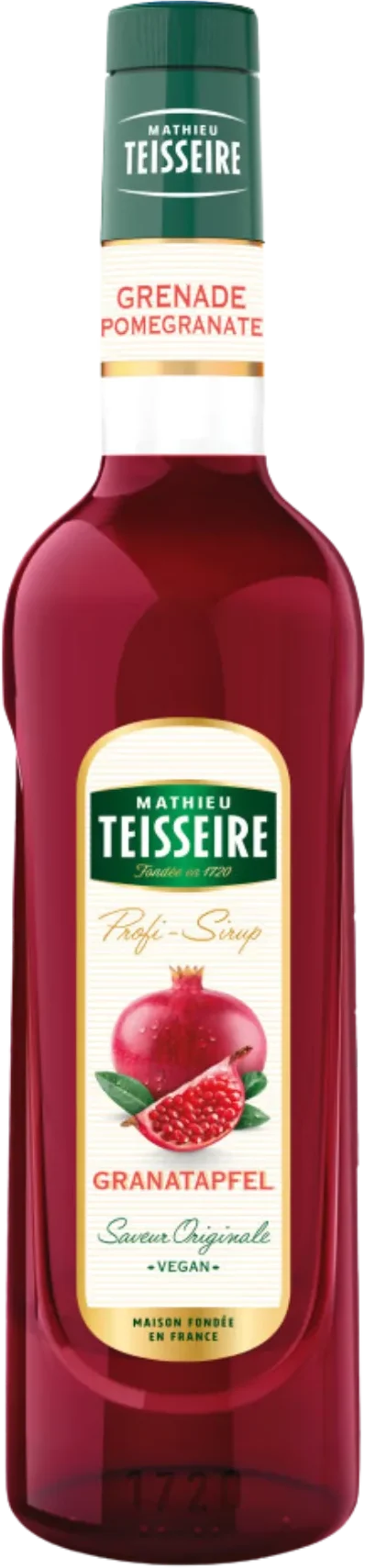 Mathieu Teisseire Granatapfel Sirup in einer Flasche mit roter Flüssigkeit und Etikett