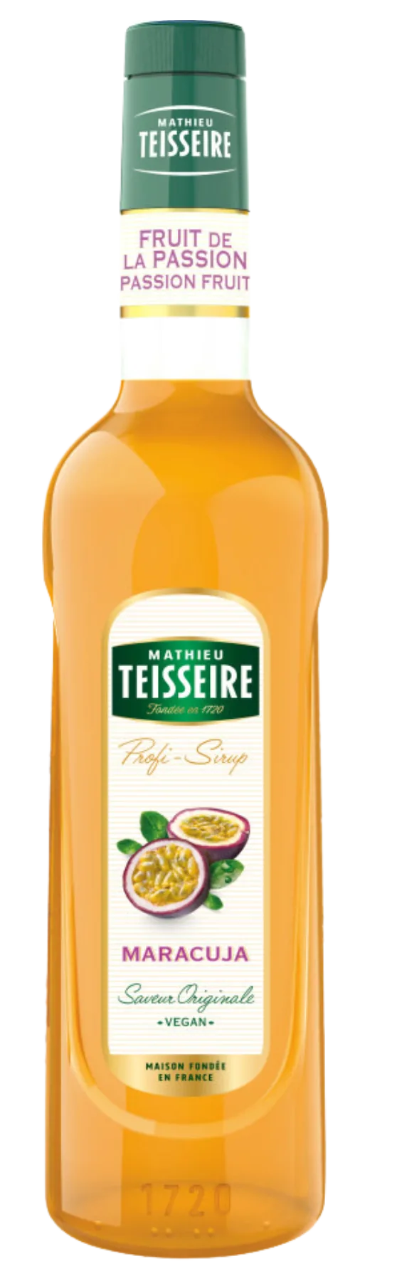 Mathieu Teisseire Maracuja Sirup – Flasche mit gelbem Etikett und Passionsfrucht-Motiv