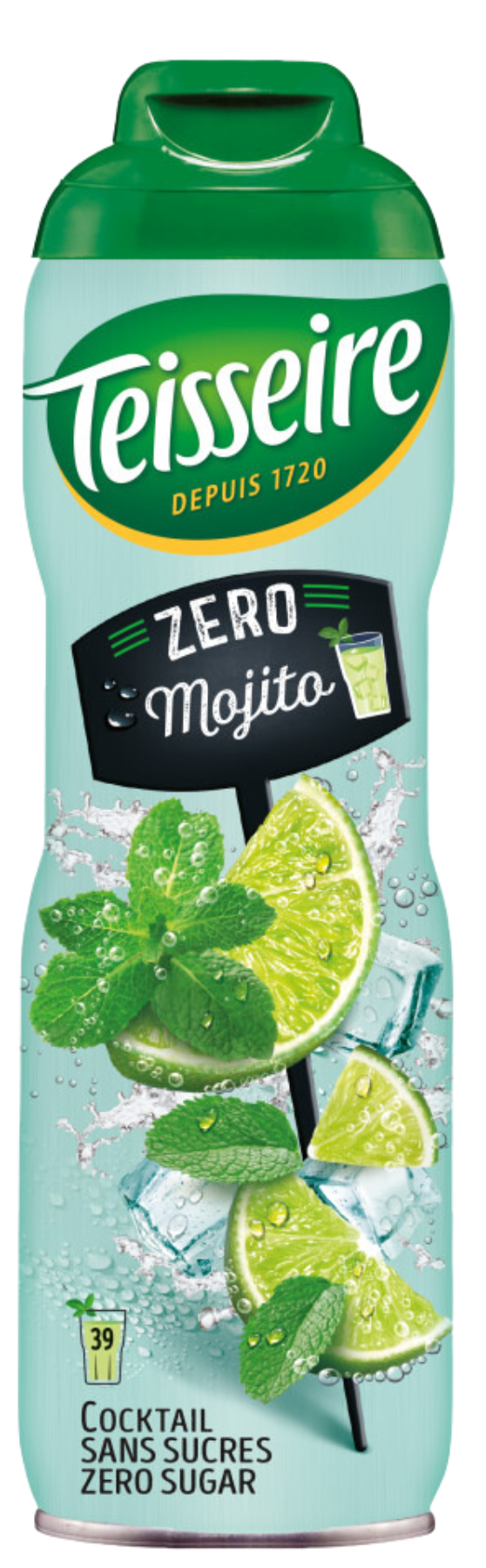 Mathieu Teisseire Mojito Zero Cocktailsirup, zuckerfrei, Flasche mit Limetten-Minze-Motiv