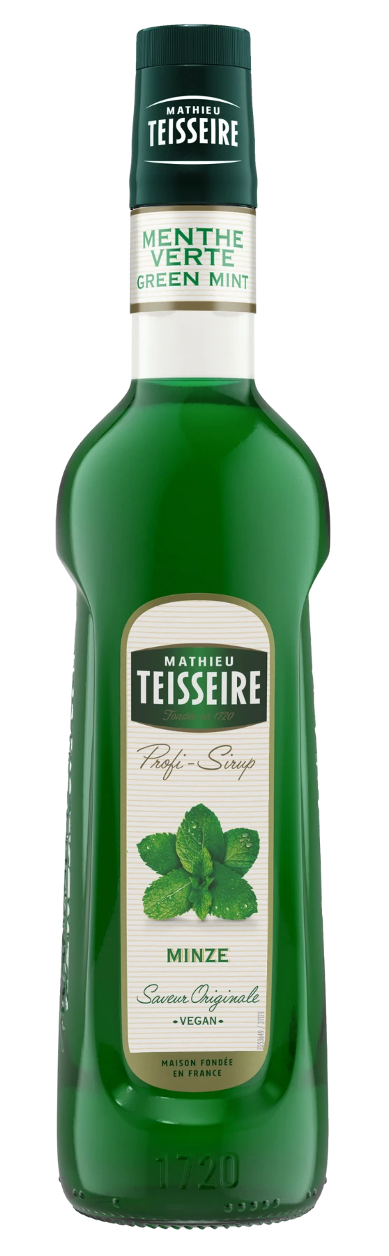 Mathieu Teisseire Pfefferminz Sirup in smaragdgrüner Flasche für Cocktails, Tees und Getränke