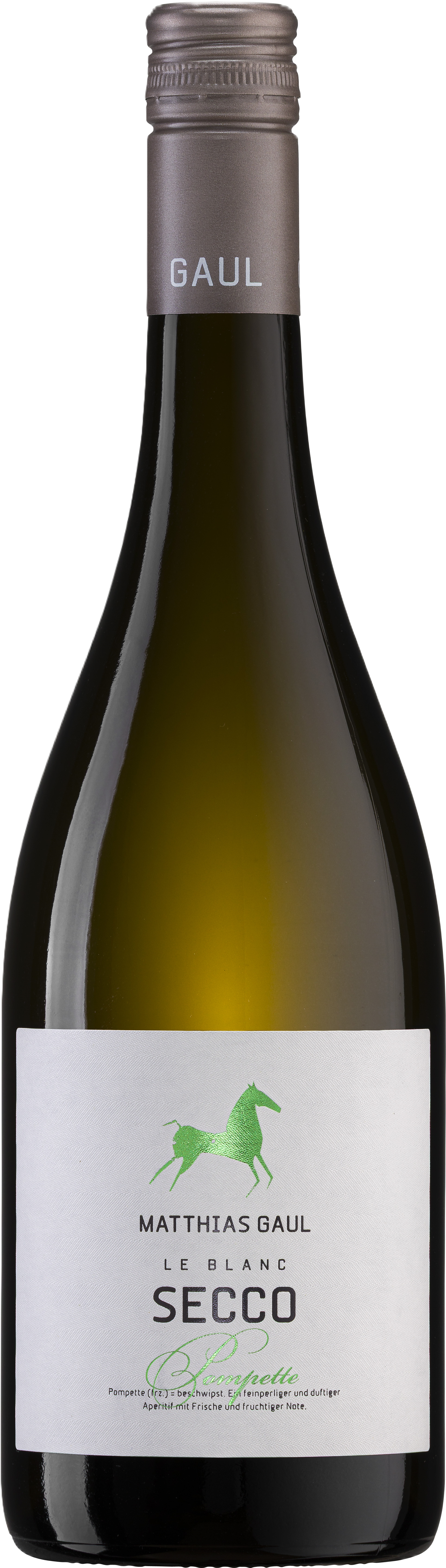 Matthias Gaul Le Blanc secco Pompette – helle Sektflasche mit elegantem Etikett auf weißem Hintergrund.