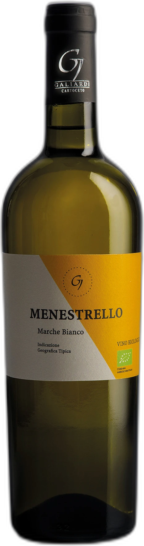 Weißweinflasche Menestrello Marche Bianco IGT von Galiardi, sattes Goldgelb, 13,5 % Vol.