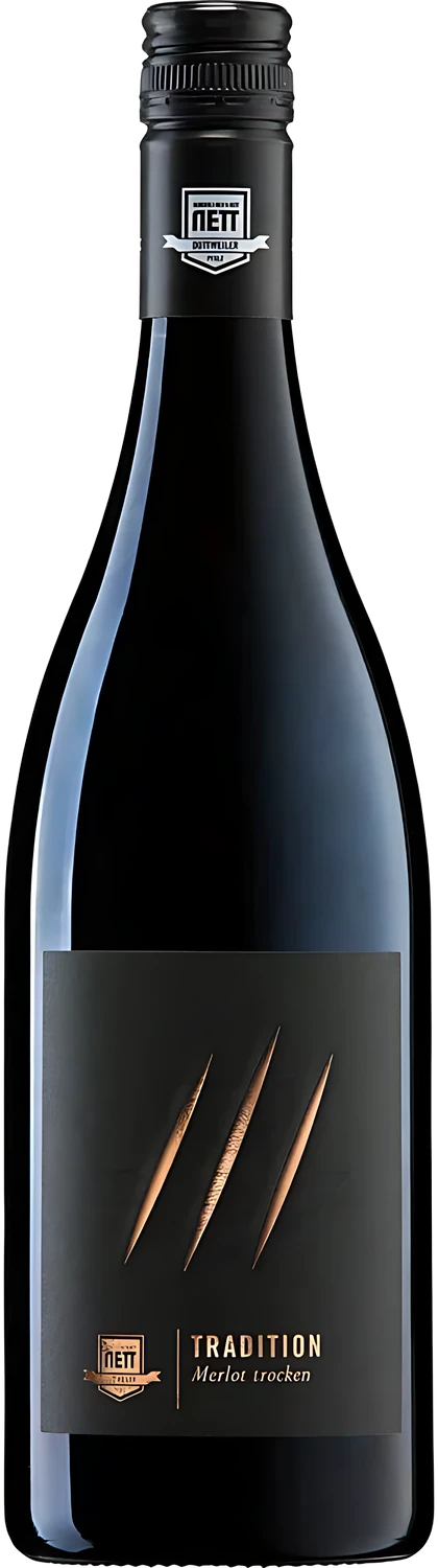 Flasche Rotwein, Etikett zeigt Merlot trocken III Tradition von Weingut Bergdolt-Reif & Nett.