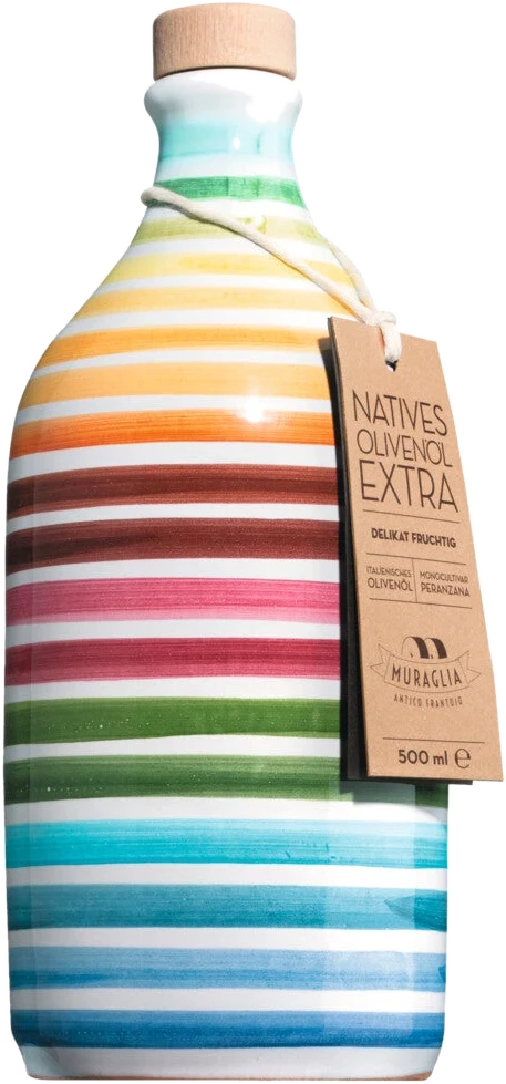 Handgetöpferte, bemalte Terracotta-Flasche mit Muraglia Peranzana Arcobaleno Olivenöl extra vergine aus Apulien