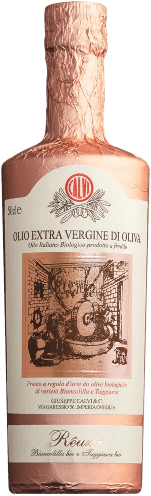 Olio extra vergine Reuza Bio, ligurisches Bio-Olivenöl aus Biancolilla und Taggiasca, in einer Glasflasche