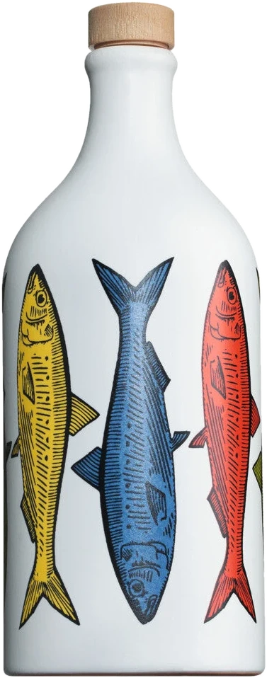 Tönkrug mit Sardinenmotiv, gefüllt mit Olio extra vergine Sardine, extra vergines Olivenöl aus Sardinien aus