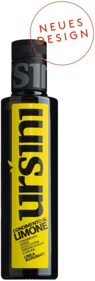 Olio Limone Giallo von Giuseppe Ursini – natives Olivenöl mit Zitrusaroma, Flasche mit gelbem Etikett