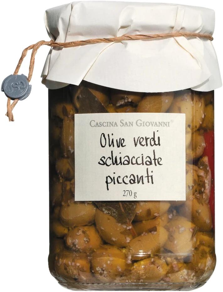 Grüne, angedrückte Oliven mit Chili und Kräutern in Olivenöl extra – Olive verdi schiacciate piccanti, Antipasto im Glas