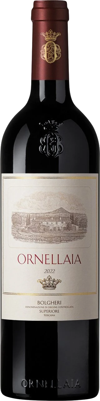 Ornellaia Bolgheri DOC Rosso Superiore, rote Bordeaux-Cuvée in dunkler Flasche mit elegantem Etikett aus der Toskana
