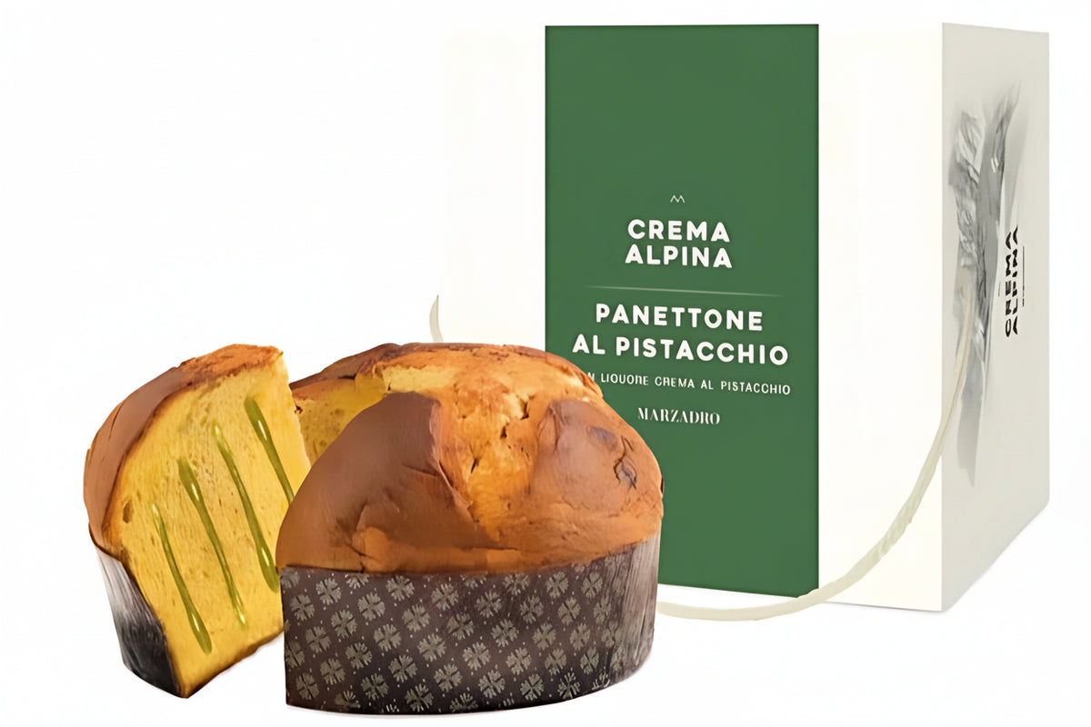 Marzadro Panettone Al Pistacchio: round gift box with a golden lid and pistachio motif.