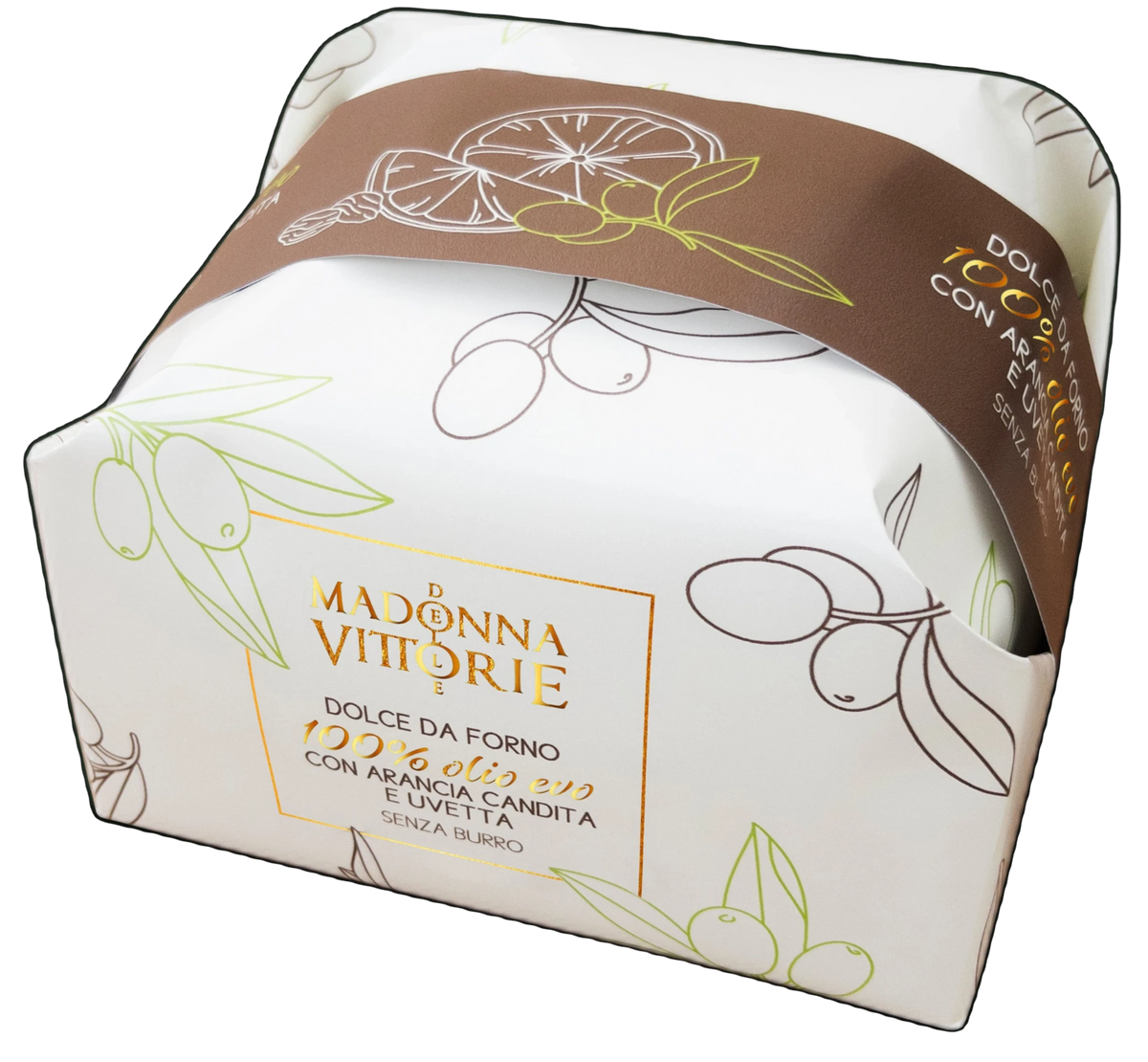 Panettone Dolce all'Olio Extra Vergine d'Oliva von Madonne Vittorie: hoher, goldbrauner Hefegebäck-Laib in Kuppelform.