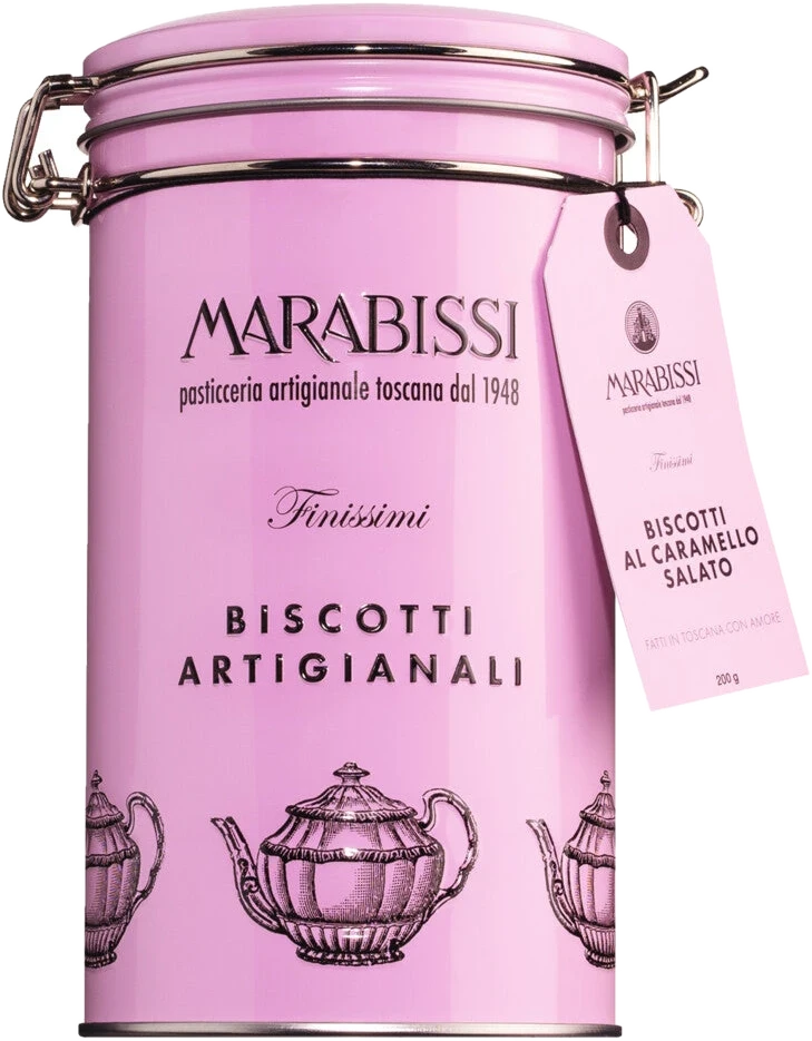 Pasticceria Marabissi Biscotti al caramello salato Glicine – Butterkekse mit Salzkaramell in rosafarbener Blechdose