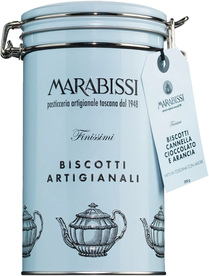 Pasticceria Marabissi Biscotti cioccolato cannella e arancia Azzurro in himmelblaue Blechdose mit Keksen.
