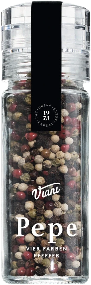 PEPE Vier Farben Pfeffer 50g: Mischung aus schwarzem, weißem, grünem und rotem Pfeffer in einer Gewürzdose.