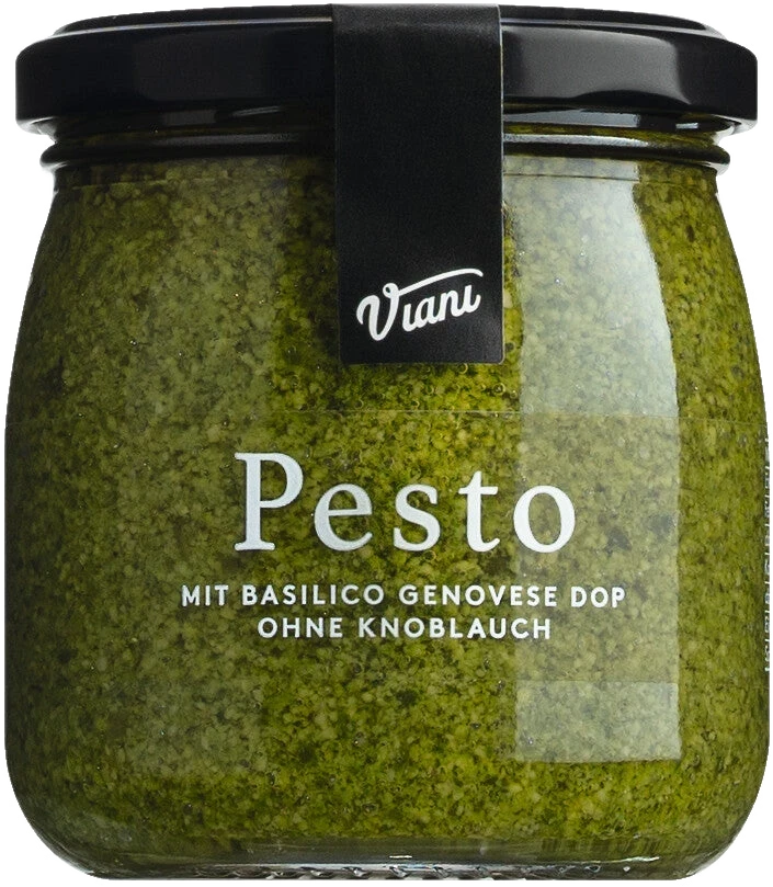 Pesto mit Genueser Basilikum DOP ohne Knoblauch aus Ligurien – stückige Konsistenz, im Glas abgefüllt.
