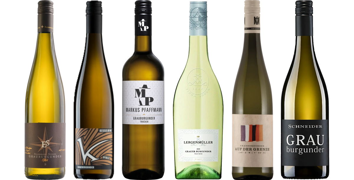 The six wines from "Palatinate Pinot Gris Sample pack": Pinot Gris Estate Wine, Kesselring Pinot Gris, Markus Pfaffmann Pinot Gris dry, Lergenmüller Pinot Gris dry, Bernhart Pinot Gris Quality Wine dry "On the Border", Markus Schneider Pinot Gris